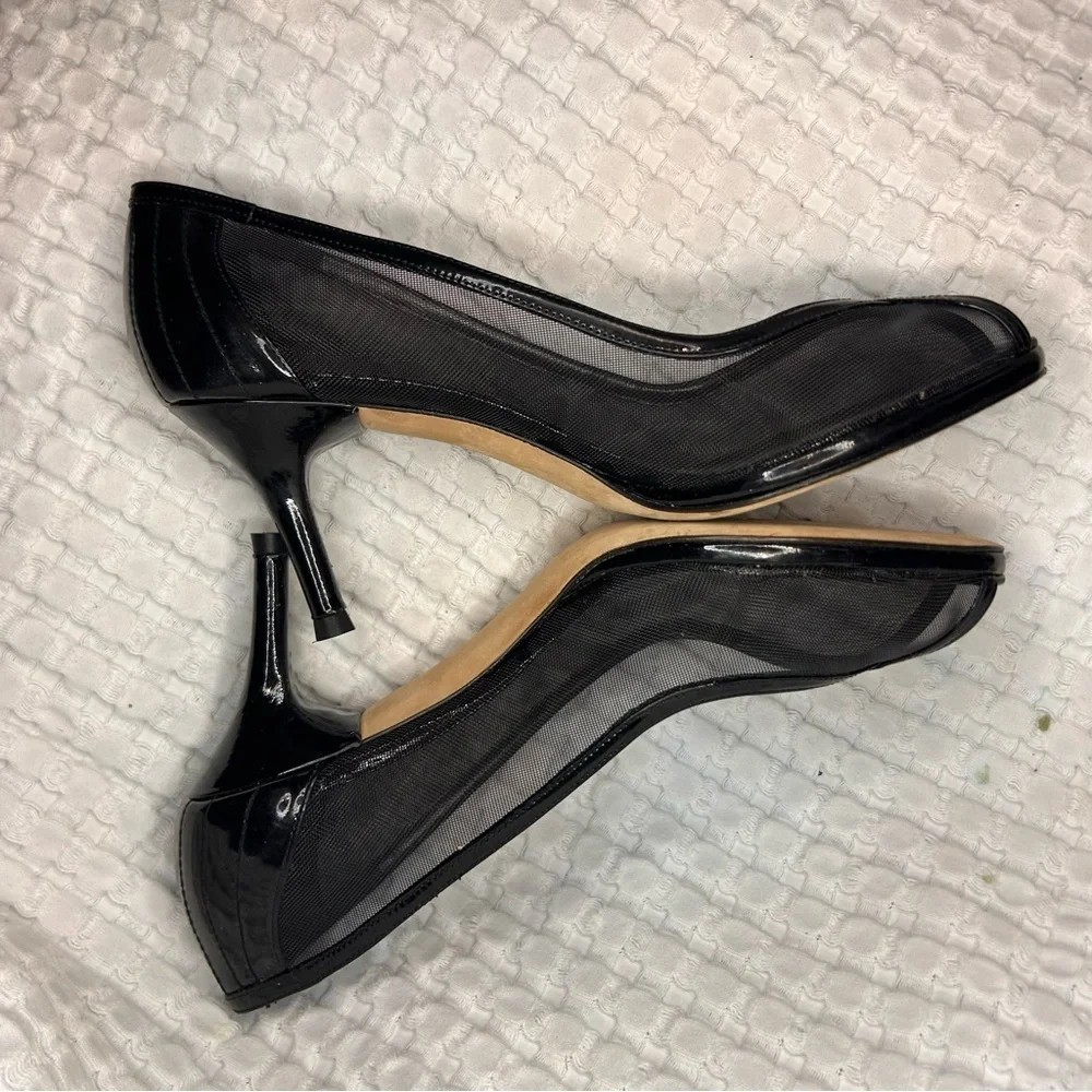 Stuart Weitzman Black Mesh & Patent Leather‎ Peep Toe Heels | Size 8.5